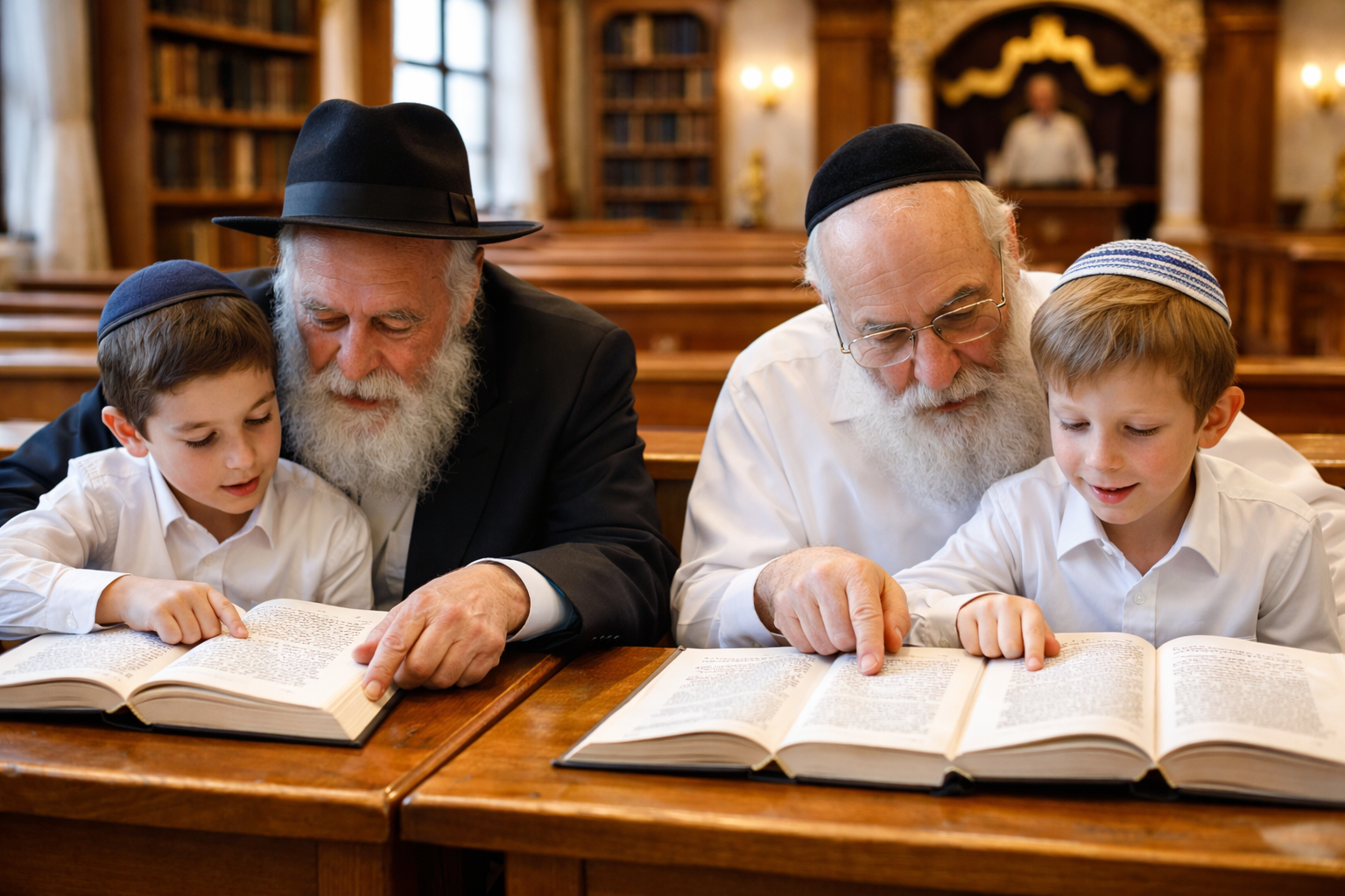 Grandfather and grandchildren — one Gemara, three generations.